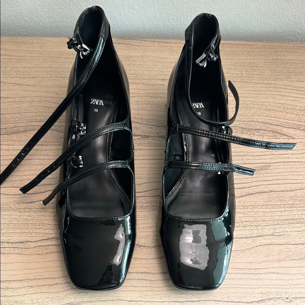 Zara Black Ankle-Strap Heels with Square Toe